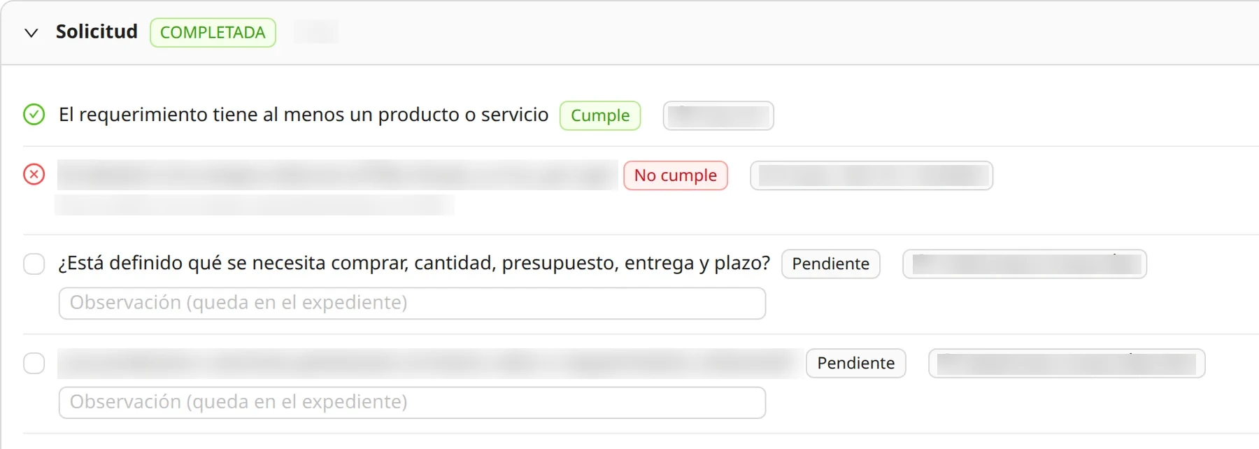 Los controles de una etapa: cada uno con su resultado —cumple, no cumple, pendiente—, su referencia normativa y el campo de observación que queda en el expediente.