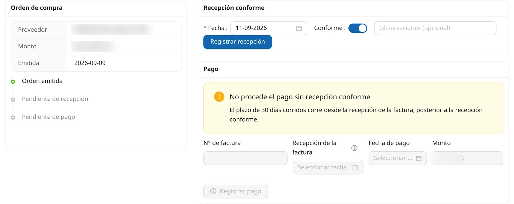Pantalla de recepción y pago: la orden de compra emitida, el registro de recepción conforme y el aviso de que no procede el pago sin ella.
