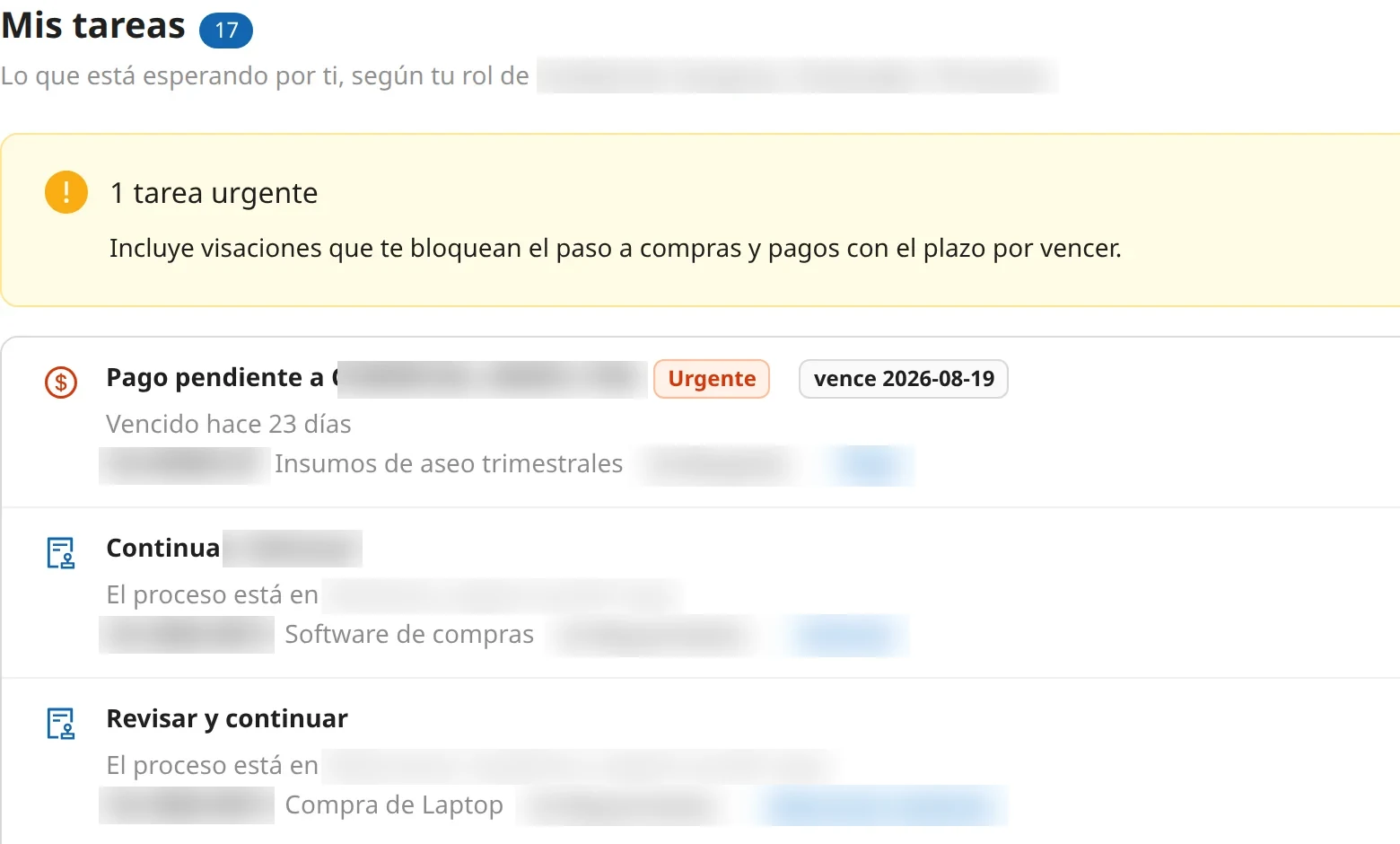 Bandeja «Mis tareas»: la lista de lo que espera por la persona conectada, con avisos de urgencia y de vencimiento, y el proceso al que pertenece cada tarea.